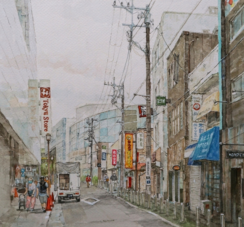 6+others, building, kfc, lamppost, motor_vehicle, multiple_others, original, painting_(medium), power_lines, restaurant, scenery, shiki4winter, shop, sign, sliding_doors, traditional_media, traffic_cone, truck, utility_pole, watercolor_(medium), window