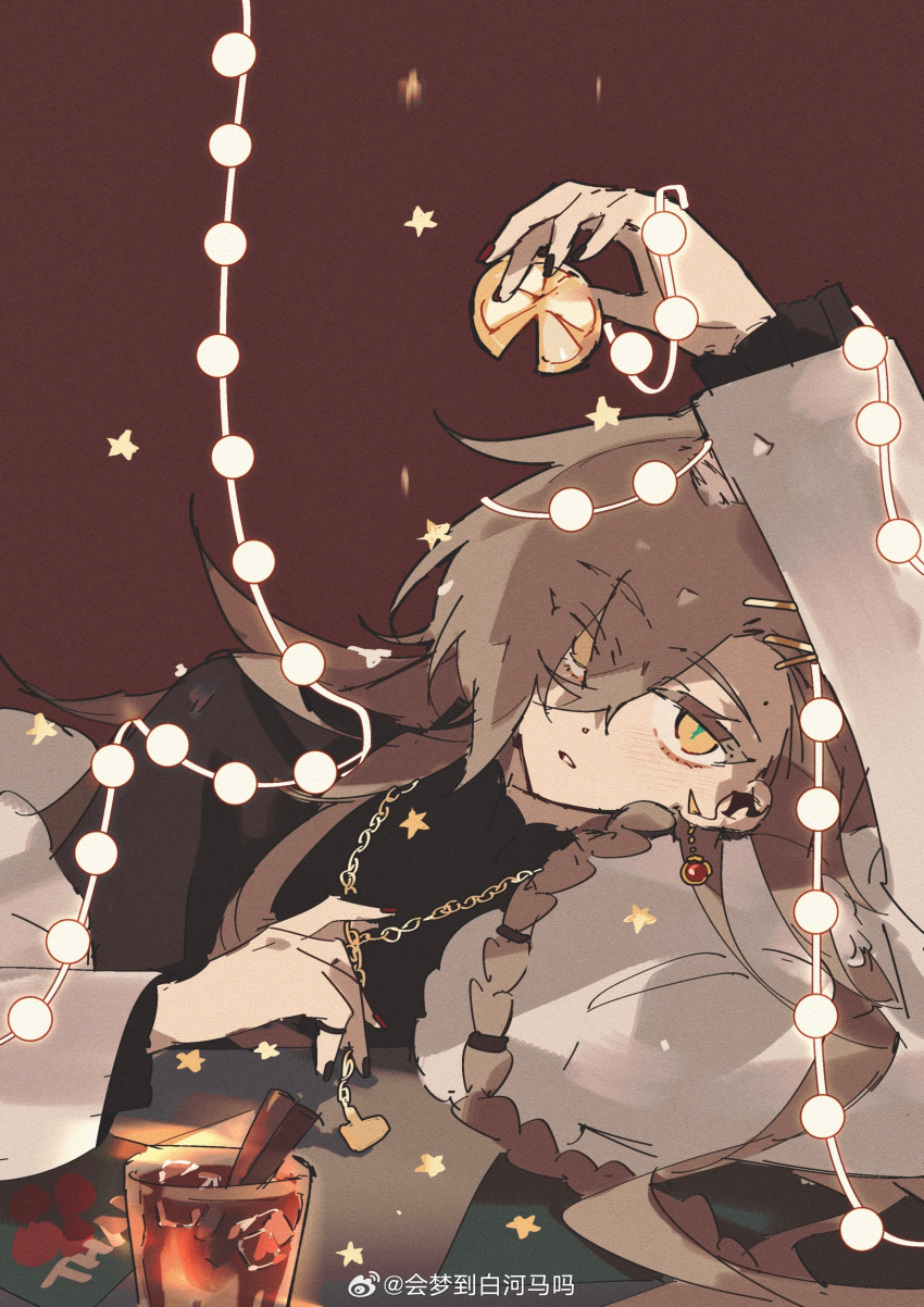 1girl, absurdres, alcohol, arknights, arm_up, artist_name, bell, black_nails