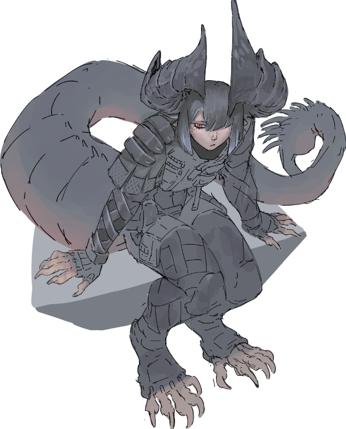 1girl, 202vincent, :/, animal_feet, black_hair, black_horns, claws, closed_mouth
