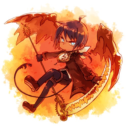 1other, ahoge, analog_clock, androgynous, black_gloves, black_hair, black_pantyhose, black_tail