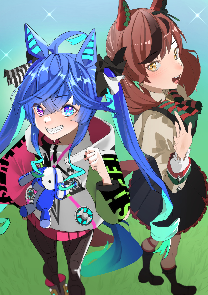 2girls, absurdres, ahoge, animal_ears, blue_eyes, blue_hair, boots, bow