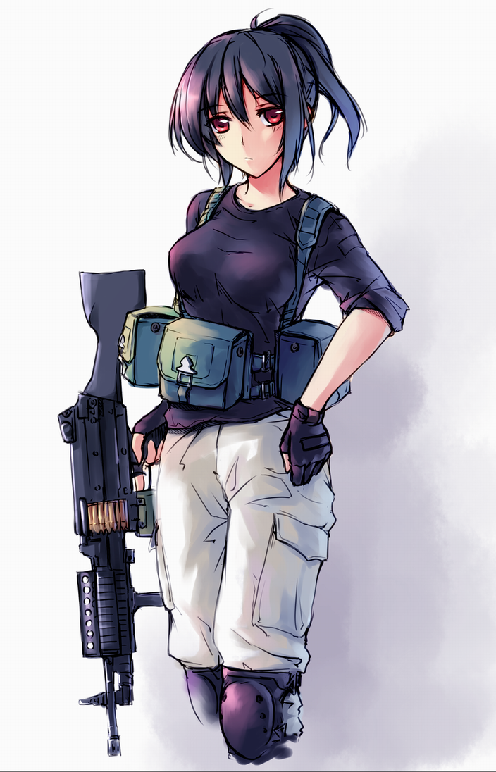 black_hair, fingerless_gloves, gloves, gun, knee_pads, m249, machine_gun, nightmaremk2