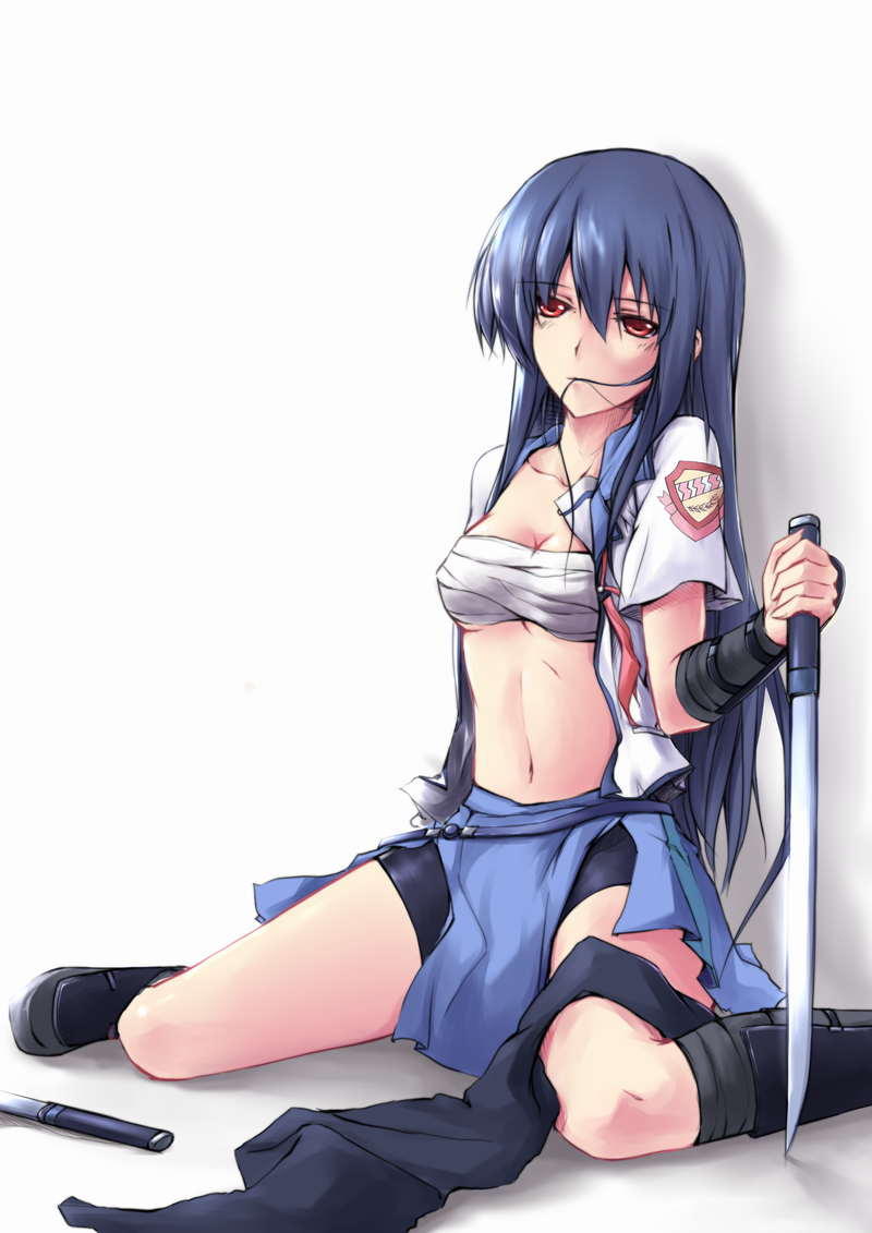 bad_id, bike_shorts, blue_hair, long_hair, mouth_hold, nightmaremk2, red_eyes, sarashi