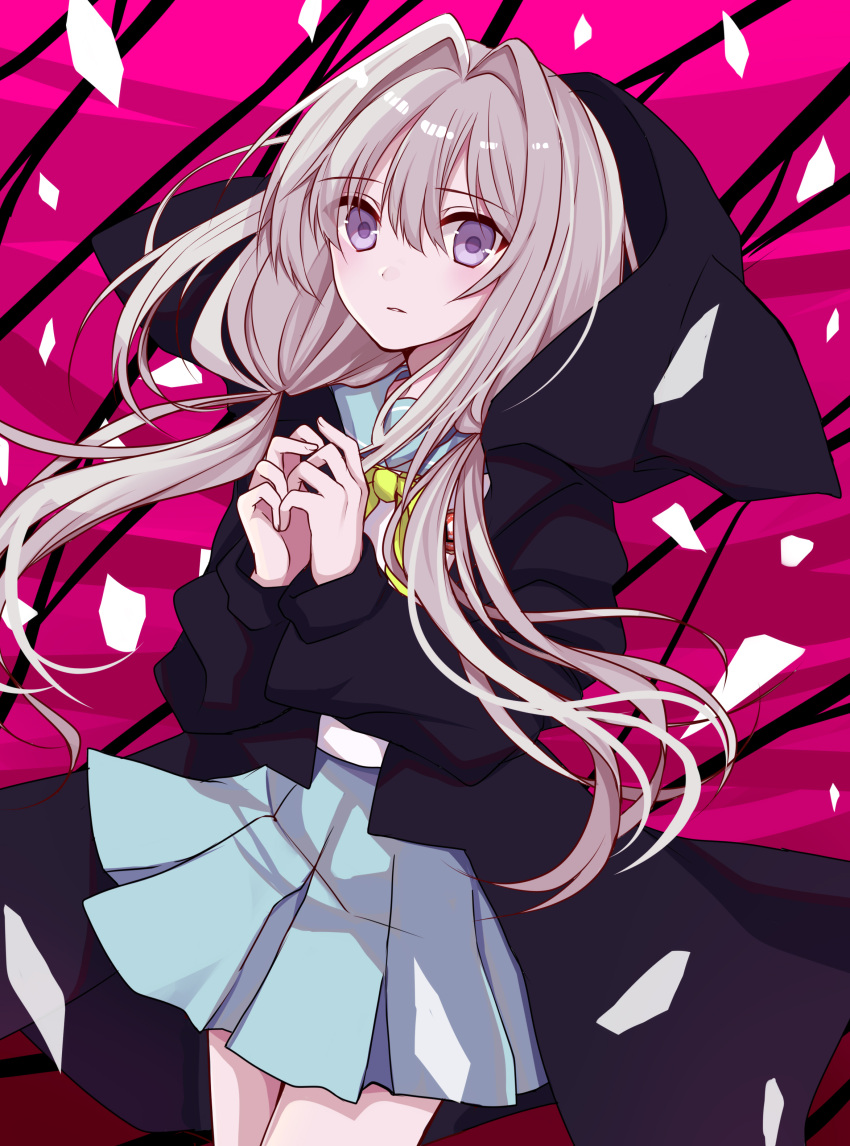 1girl, absurdres, akausagi, animal_ear_hood, aqua_skirt, black_coat, coat, commentary