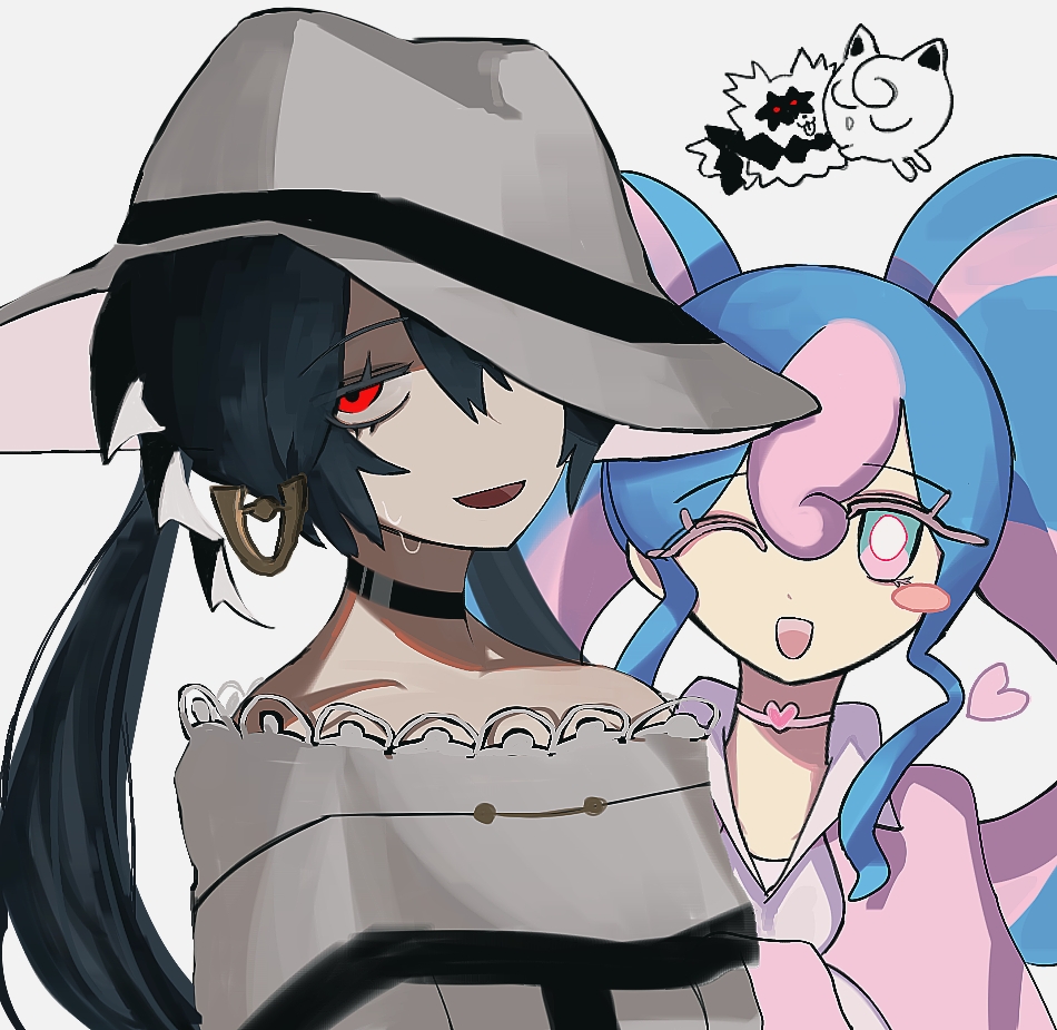 2girls, bare_shoulders, black_choker, blue_eyes, blue_hair, blush, blush_stickers, bright_pupils, choker, collared_shirt, colored_eyelashes, commentary, dress, dual_persona, earrings, english_commentary, fairy_miku_(project_voltage), fedora, galarian_zigzagoon, ghost_miku_(project_voltage), gitgazi, grey_background, grey_dress, grey_headwear, hair_between_eyes, half-closed_eyes, happy, hat, hatsune_miku, heart, heart_choker, jewelry, jigglypuff, long_hair, looking_at_viewer, multicolored_eyes, multicolored_hair, multiple_girls, off-shoulder_dress, off_shoulder, one_eye_closed, open_mouth, pink_choker, pink_eyes, pink_hair, pink_shirt, pokemon, pokemon_(creature), project_voltage, red_eyes, shirt, sidelocks, simple_background, smile, standing, sweat, twintails, two-tone_hair, upper_body, vocaloid, white_pupils