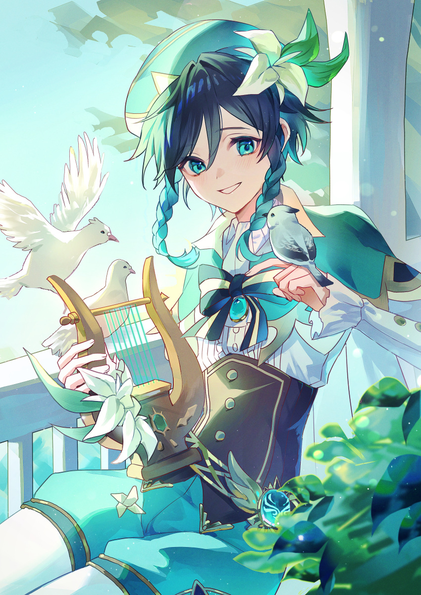 1boy, absurdres, aqua_eyes, aqua_hair, beret, bird, black_hair, braid