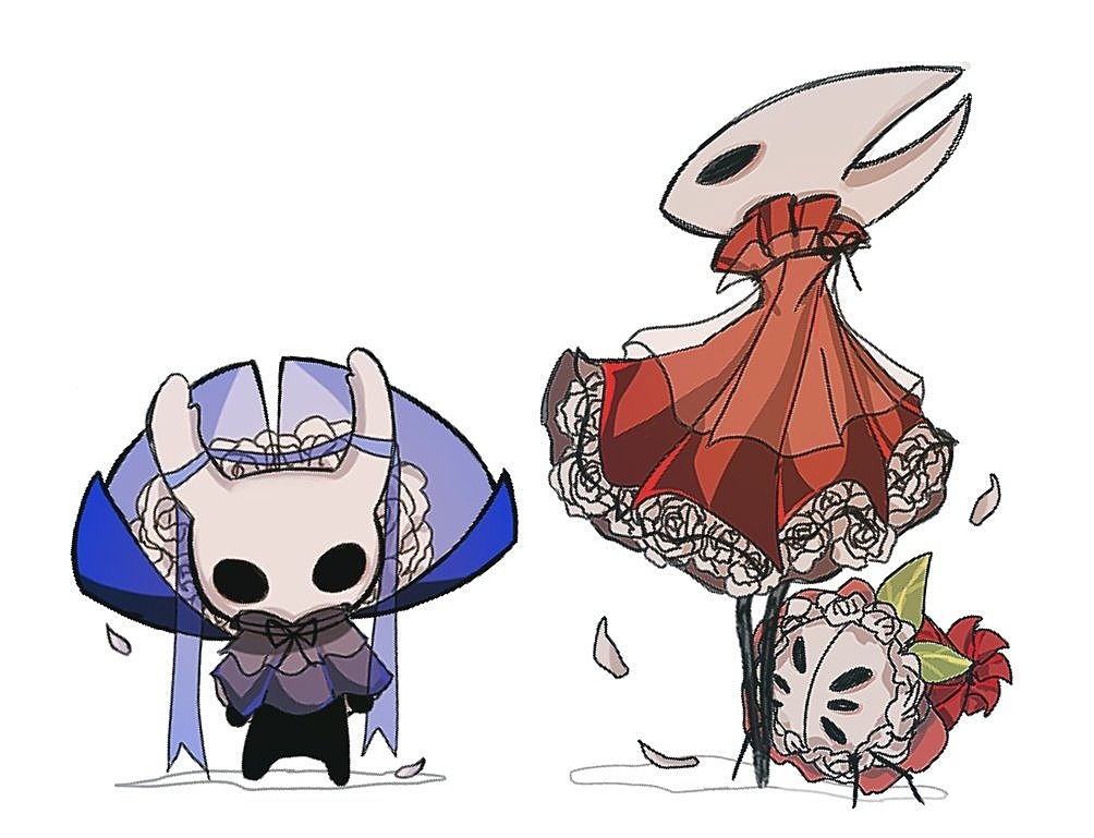 1girl, 1other, alternate_costume, arthropod_girl, black_eyes, black_skin, blank_eyes, blue_ribbon, bug, capelet, cloak, colored_skin, commentary, english_commentary, flower, from_side, full_body, gitgazi, grey_capelet, high_collar, hollow_knight, horn_ornament, hornet_(hollow_knight), horns, knight_(hollow_knight), leaf, little_weaver_(hollow_knight), petals, profile, red_cloak, ribbon, rose, see-through, simple_background, spider, standing, white_background, white_flower, white_horns, white_rose