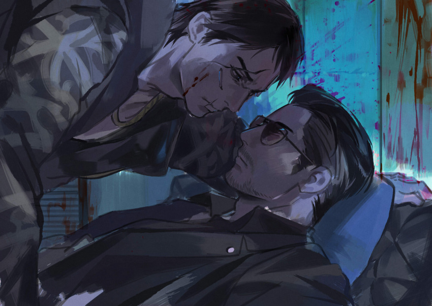 2boys, beard, black_hair, black_jacket, black_shirt, blood, blood_on_face, blood_splatter