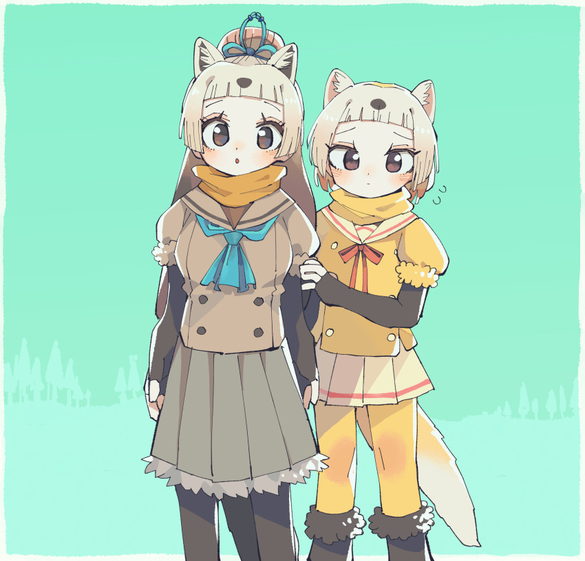 absurdres, animal_ears, blue_neckerchief, blunt_bangs, blush, bow, bowtie, brown_eyes