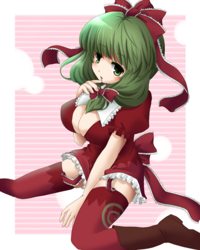 bow, breasts, cleavage, finger_to_mouth, front_ponytail, garter_belt, green_eyes, green_hair