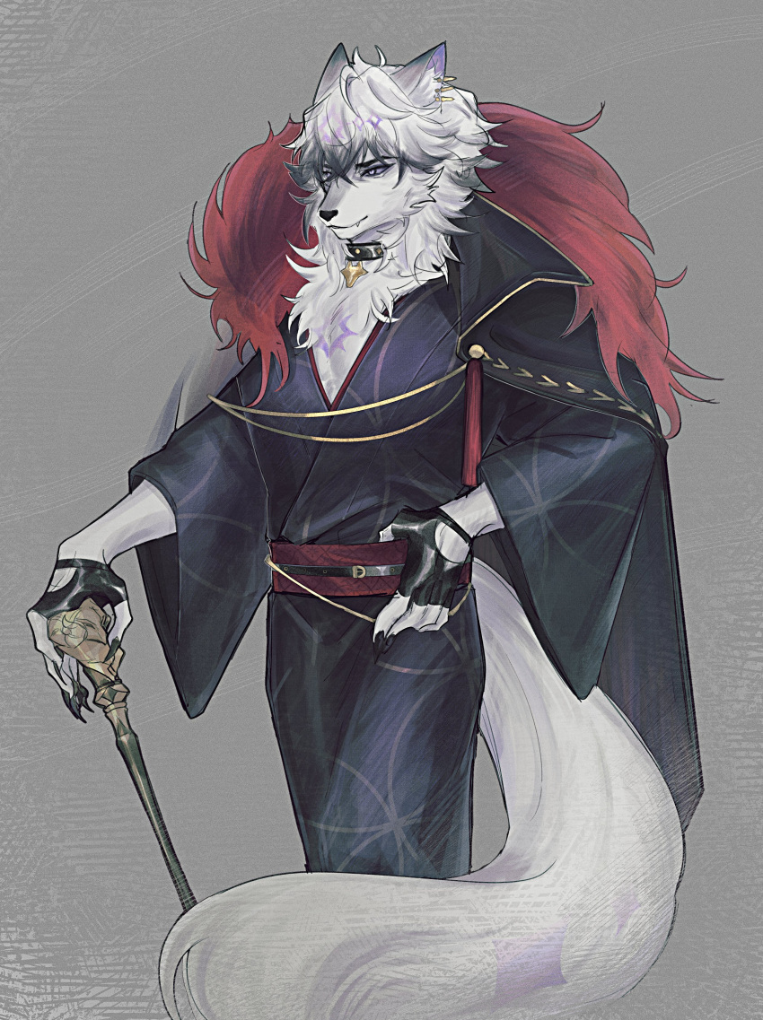 1boy, absurdres, animal_ears, black_claws, cane, choker, claws, darias_silvah
