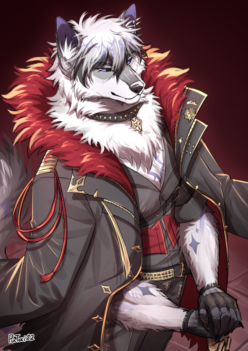 1boy, absurdres, animal_ears, black_sclera, cane, choker, coat, coat_on_shoulders