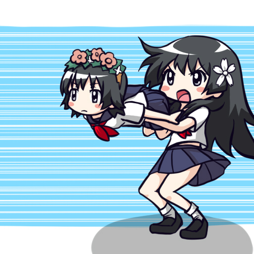 black_eyes, black_hair, blush_stickers, flower, hair_flower, hair_ornament, head_wreath, long_hair