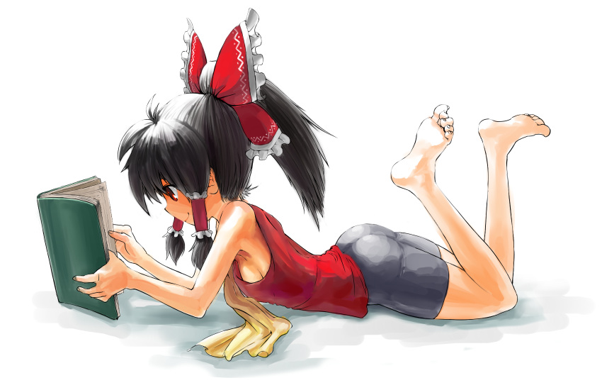 armpits, ass, barefoot, bike_shorts, black_hair, book, bow, breasts, casual, feet, hair_bow, hakurei_reimu, highres, lying, on_stomach, ponytail, reading, red_eyes, sideboob, smile, solo, spider-ma, touhou