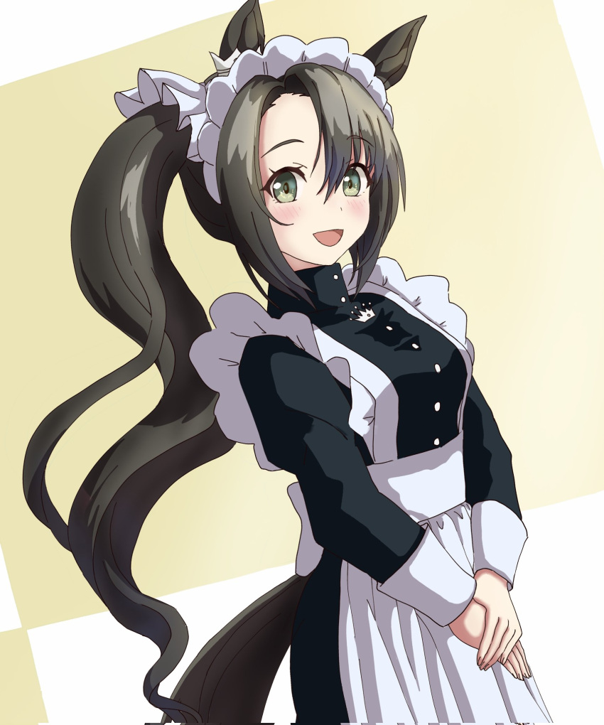 1girl, :d, alternate_costume, animal_ears, apron, black_dress, black_hair, blush