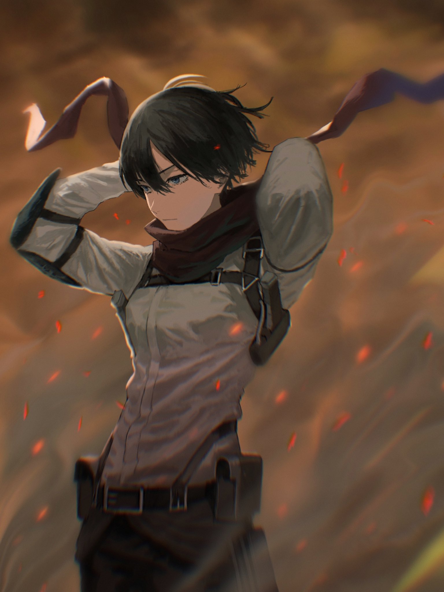 1girl, black_hair, blue_eyes, breasts, chest_harness, closed_mouth, cowboy_shot, dust, embers, feet_out_of_frame, floating_clothes, from_side, hair_between_eyes, harness, highres, kota_2kx, looking_ahead, mikasa_ackerman, outdoors, red_scarf, scarf, serious, shingeki_no_kyojin, short_hair, solo, three-dimensional_maneuver_gear, wind