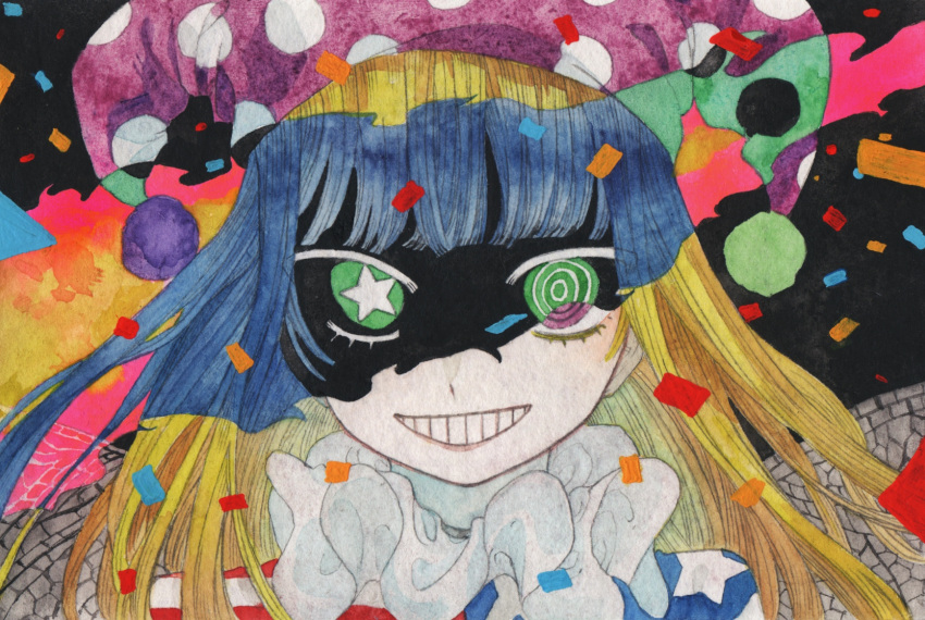 1girl, @_@, american_flag_shirt, blonde_hair, blunt_bangs, clownpiece, commentary_request, confetti