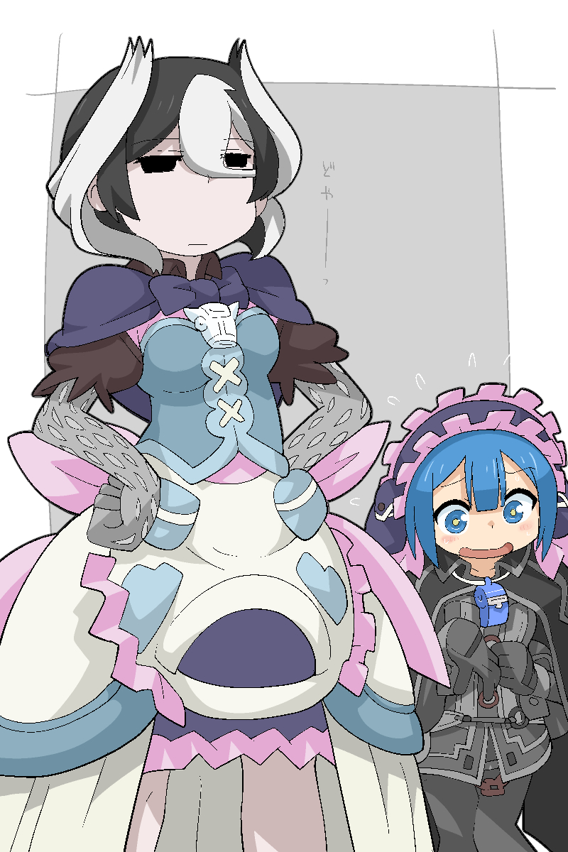 1boy, 1girl, armor, black_armor, black_cape, black_coat, black_gloves, blue_eyes