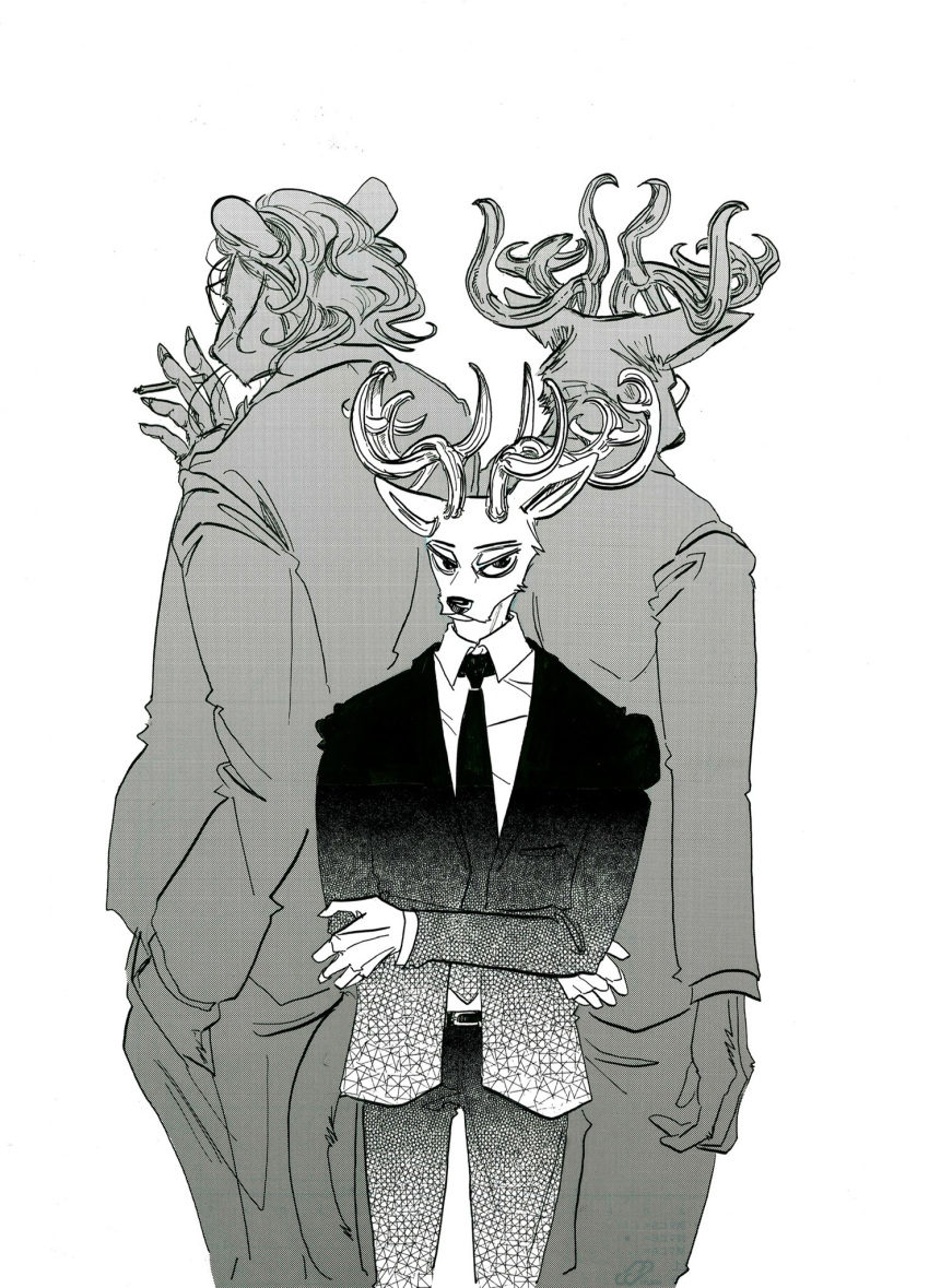 3boys, animal_ears, antlers, beastars, cigarette, claws, commentary_request, crossed_arms