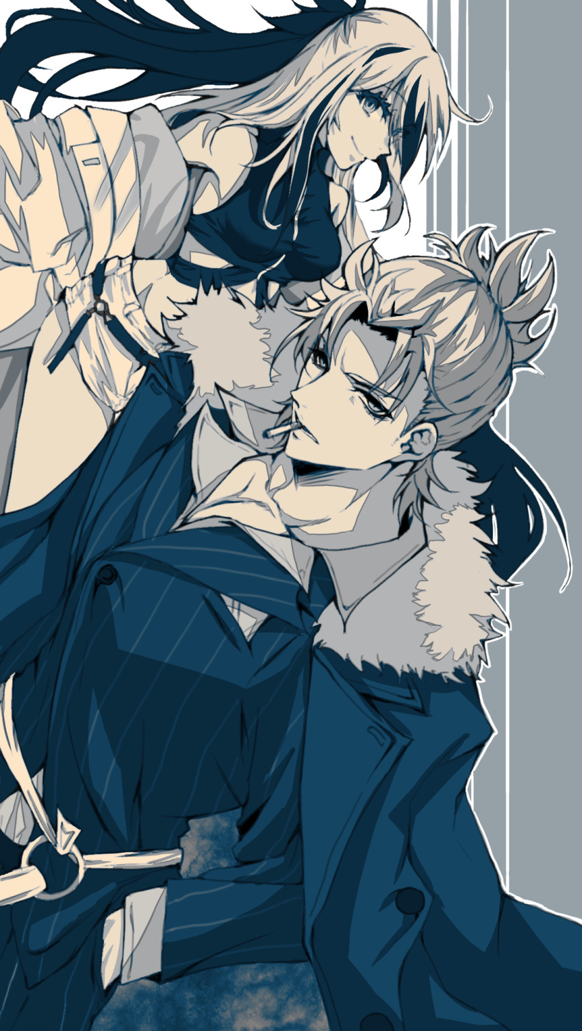 1boy, 1girl, breasts, cigarette, coat, coat_on_shoulders, fate/grand_order, fate_(series)