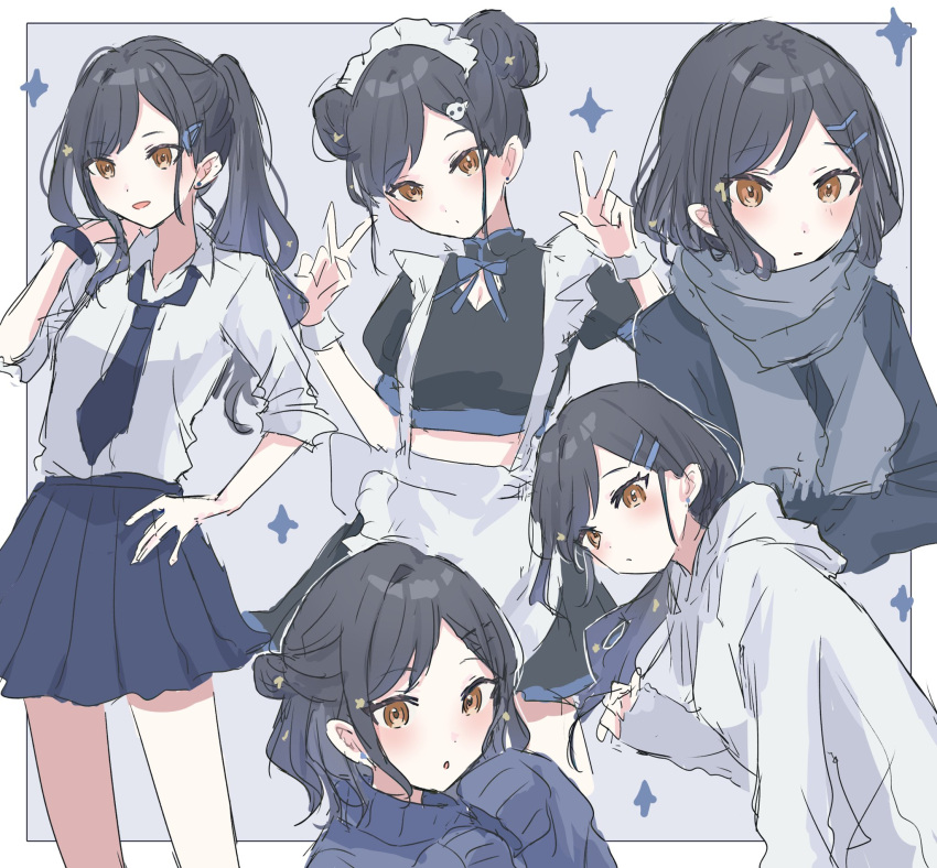 1girl, alternate_costume, alternate_hairstyle, apron, black_hair, black_shirt, blue_skirt, blue_sweater