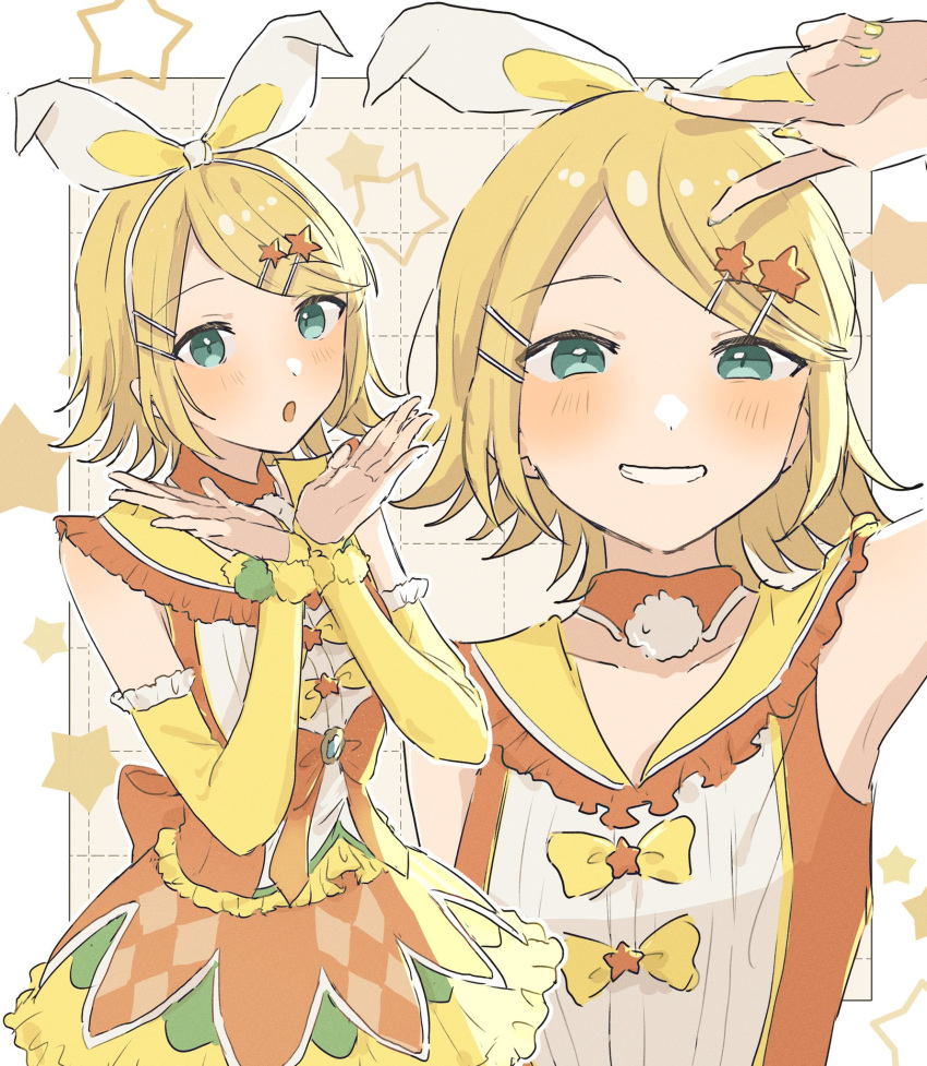 1girl, blonde_hair, border, bow, detached_sleeves, dress, frilled_shirt, frills