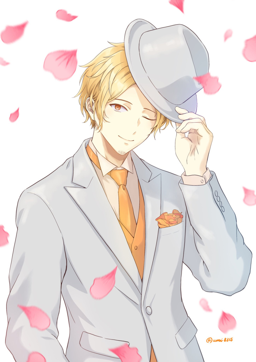 1boy, beard, blonde_hair, closed_mouth, facial_hair, falling_petals, fedora, given