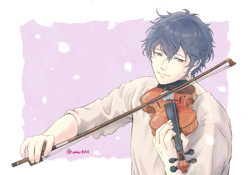1boy, border, cardigan, given, hair_between_eyes, highres, instrument, male_focus