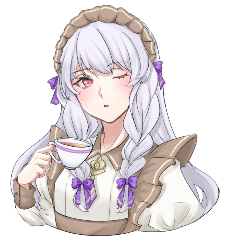 1girl, apron, bow, braid, commentary_request, cup, fire_emblem, fire_emblem:_three_houses