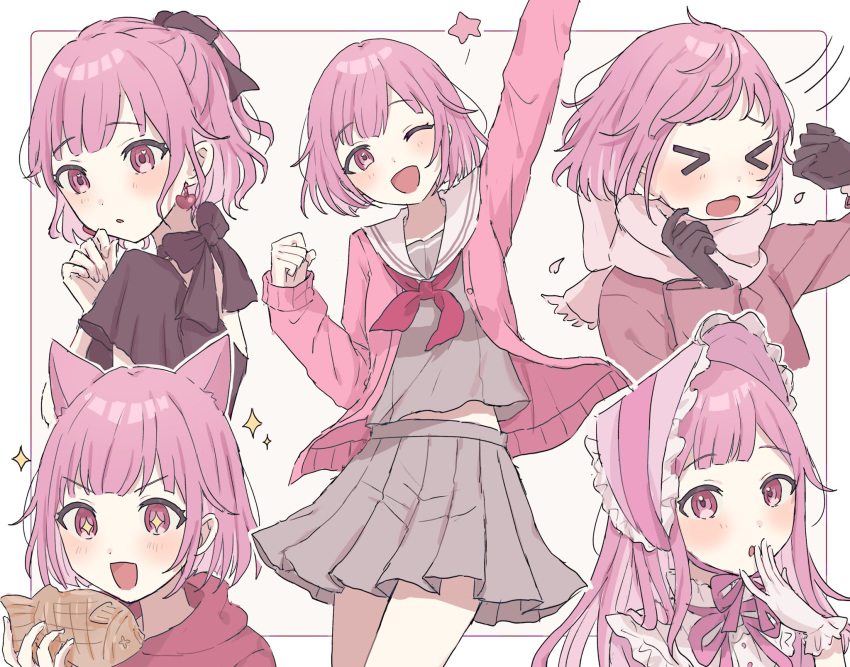 >_<, 1girl, :d, ;d, animal_ears, arm_up, black_dress, border