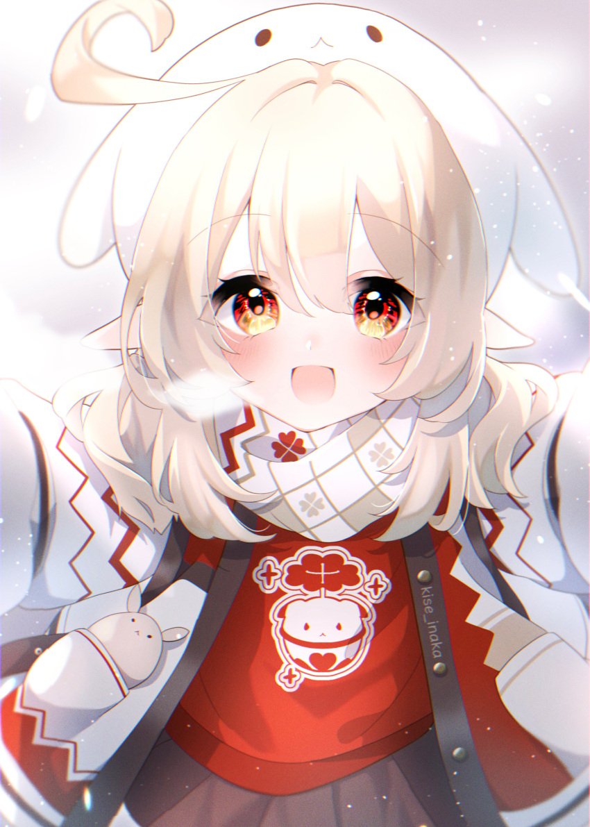 1girl, :d, absurdres, ahoge, alternate_costume, blurry, checkered_clothes, checkered_scarf