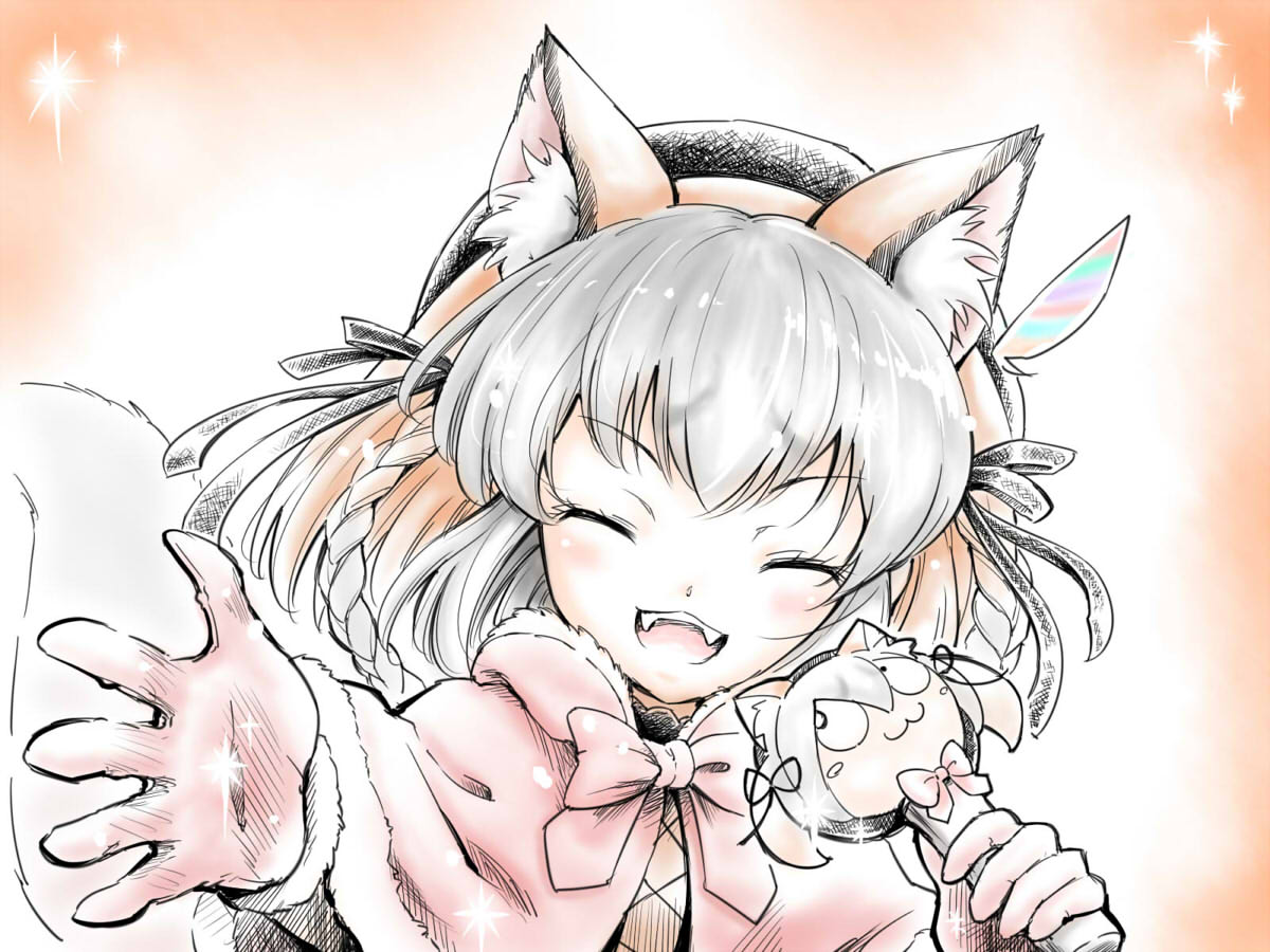 1girl, animal_ears, cape, extra_ears, flerov, fox_ears, fox_girl, fox_tail, gloves, grey_hair, hat, hat_feather, island_fox_(kemono_friends), kanihai, kemono_friends, kemono_friends_v_project, long_hair, looking_at_viewer, microphone, orange_hair, ribbon, simple_background, smile, tail, virtual_youtuber