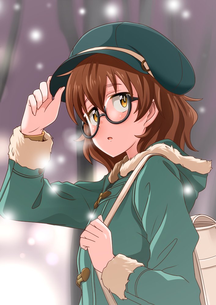 1girl, adjusting_clothes, adjusting_headwear, araki_hina, backpack, bag, bare_tree, black-framed_eyewear