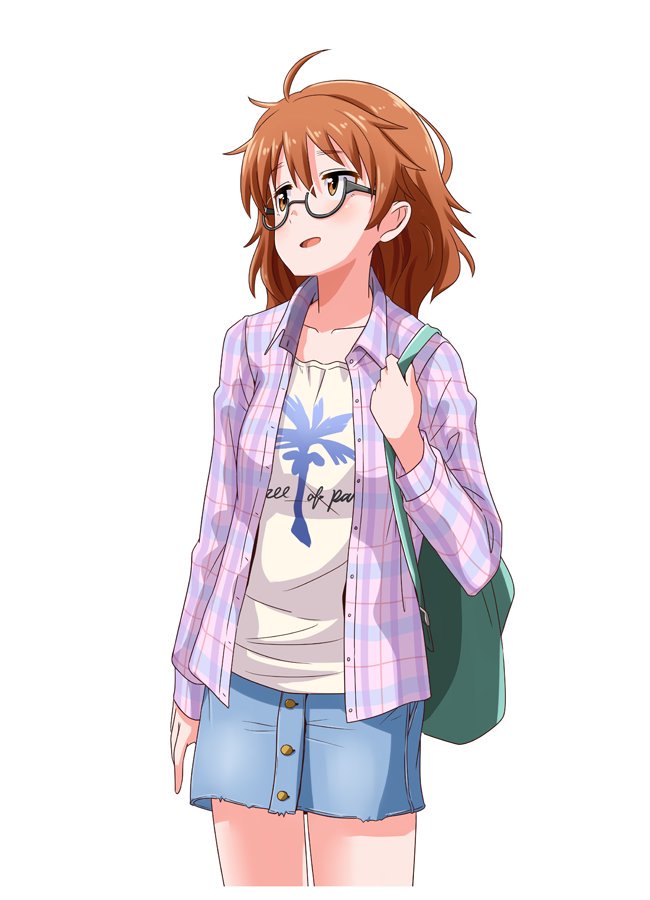 1girl, ahoge, araki_hina, bag, black-framed_eyewear, blue_skirt, blush, breasts