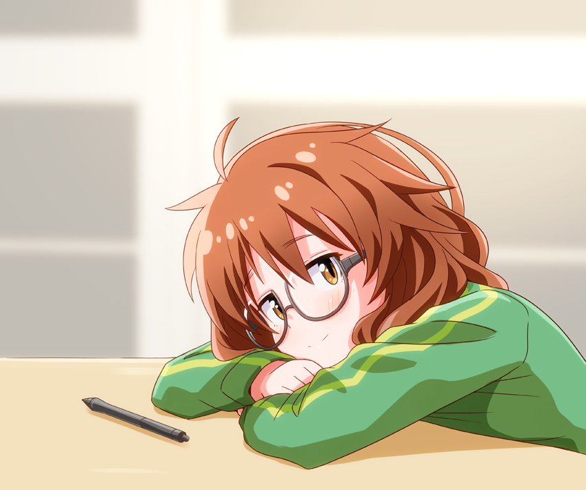 1girl, ahoge, araki_hina, blurry, blurry_background, blush, breasts, brown_eyes