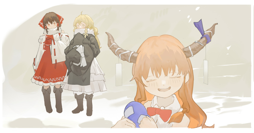 3girls, ahoge, apron, black_apron, black_coat, black_footwear, black_gloves, black_headwear, blonde_hair, blue_ribbon, blush, bottle, bow, braid, brown_eyes, brown_hair, closed_eyes, coat, collared_shirt, covered_mouth, detached_sleeves, gloves, hair_bow, hair_tubes, hakurei_reimu, hat, hat_bow, highres, holding, holding_bottle, holding_clothes, holding_hat, horn_ornament, horn_ribbon, horns, ibuki_suika, kirisame_marisa, layered_skirt, long_hair, multiple_girls, multiple_hair_bows, orange_hair, red_bow, red_gloves, red_shirt, red_skirt, reisende1969, ribbon, ribbon-trimmed_gloves, ribbon-trimmed_sleeves, ribbon_trim, sake_bottle, scarf, shirt, skirt, sleeveless, sleeveless_shirt, smile, snow, tiered_skirt, touhou, white_bow, white_scarf, white_shirt, white_skirt, white_sleeves, wide_sleeves, witch_hat, yellow_eyes