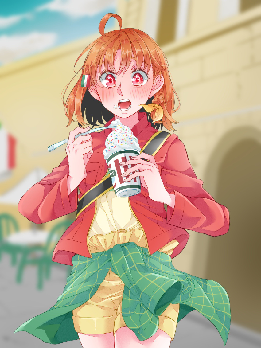 1girl, absurdres, ahoge, blurry, blurry_background, blush, bow, braid
