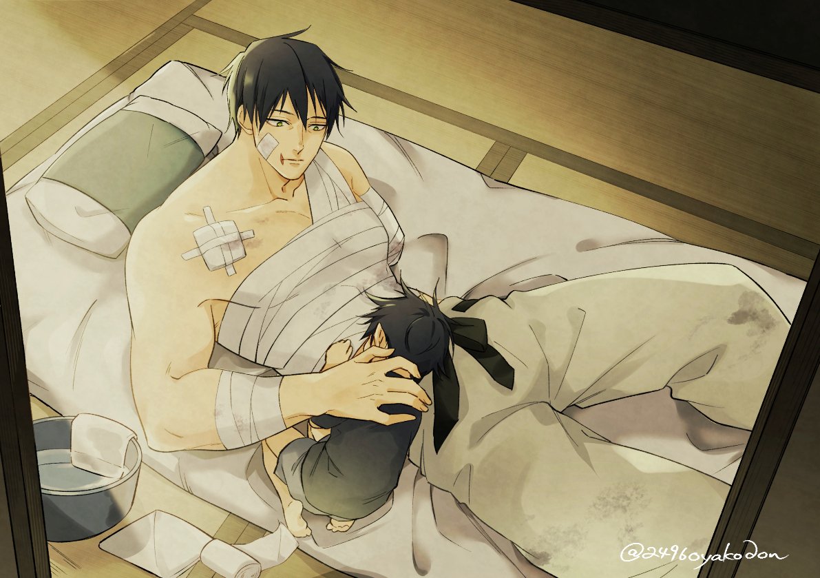 2496oyakodon, 2boys, age_difference, amputee, bandage_on_chest, bandaged_arm, bandages, bandaid, bandaid_on_face, basin, black_hair, black_shirt, chest_sarashi, child, closed_mouth, father_and_son, feet_out_of_frame, fushiguro_megumi, fushiguro_touji, futon, green_eyes, grey_pants, grey_shorts, indoors, jujutsu_kaisen, looking_at_another, lying, lying_on_person, male_focus, mature_male, missing_limb, multiple_boys, on_bed, on_stomach, pants, sarashi, scar, scar_on_face, scar_on_mouth, shirt, short_hair, shorts, size_difference, sleeping, toned, toned_male, topless_male, towel