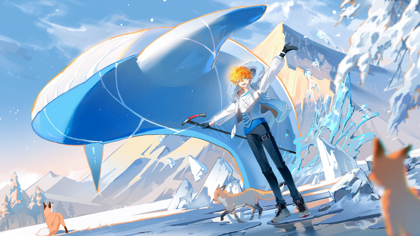 1boy, absurdres, alternate_costume, black_gloves, black_pants, blue_eyes, dolphin, earrings