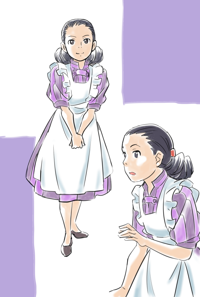 1girl, apron, black_eyes, black_footwear, dress, gonta_(kmga), hairstyle_request, himi_(kimitachi_wa_dou_ikiru_ka)