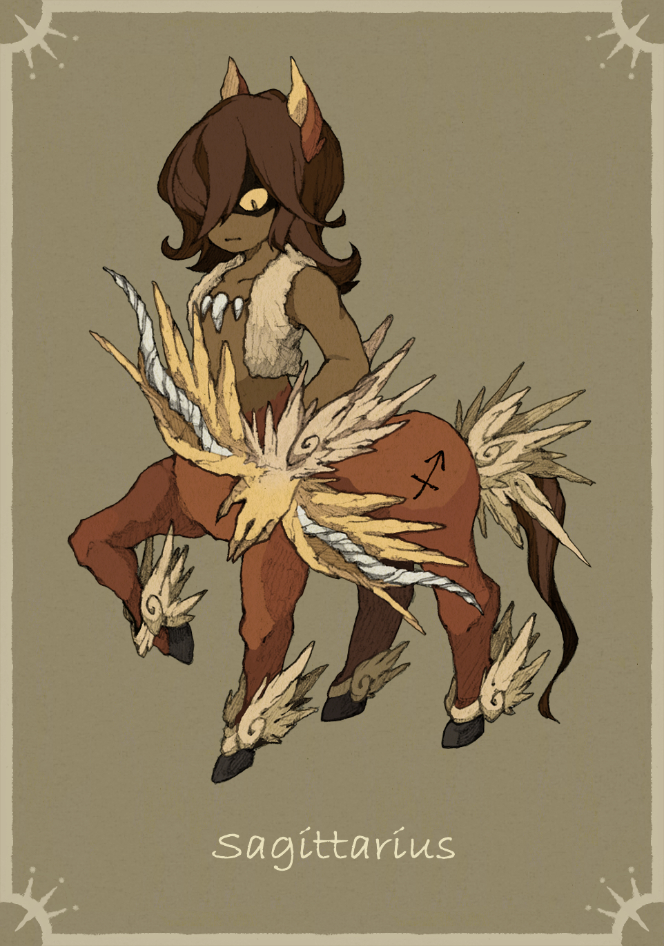 animal_ears, arm_mounted_weapon, brown_hair, dark_skin, highres, hooves, jewelry, maniani