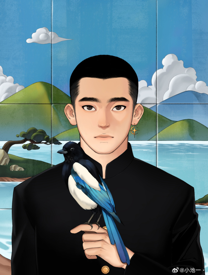 1boy, absurdres, animal_on_hand, bird, black_eyes, black_hair, black_jacket, black_pants