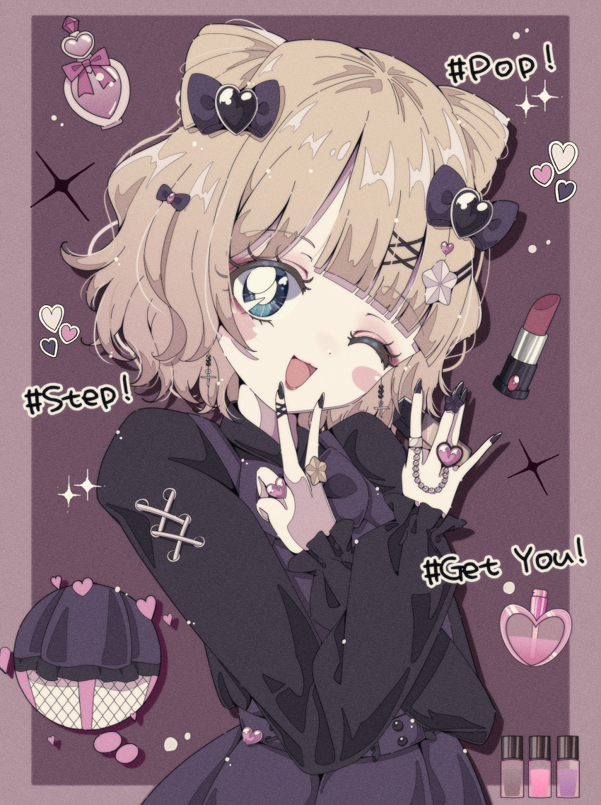1girl, ;d, absurdres, black_bow, black_dress, black_nails, black_shirt, blonde_hair, blue_eyes, blush, border, bottle, bow, brown_background, cone_hair_bun, cosmetics, double_bun, dress, earrings, hair_bow, hair_bun, hair_ornament, hands_up, heart, heart_hair_ornament, highres, jewelry, jirai_kei, lipstick_tube, long_sleeves, looking_at_viewer, makeup, milon_cas, minami_mirei, nail_polish, nail_polish_bottle, one_eye_closed, open_mouth, perfume_bottle, pink_border, pretty_series, pripara, red_lips, retro_artstyle, ring, shirt, short_hair, smile, solo, sparkle, upper_body, v, x_hair_ornament