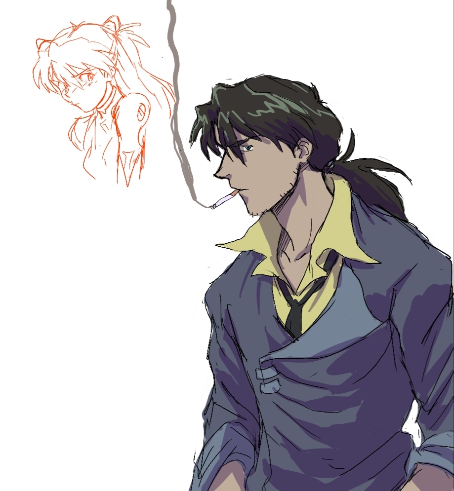 1boy, 1girl, amondetauro, beard, cigarette, cosplay, cowboy_bebop, doodles