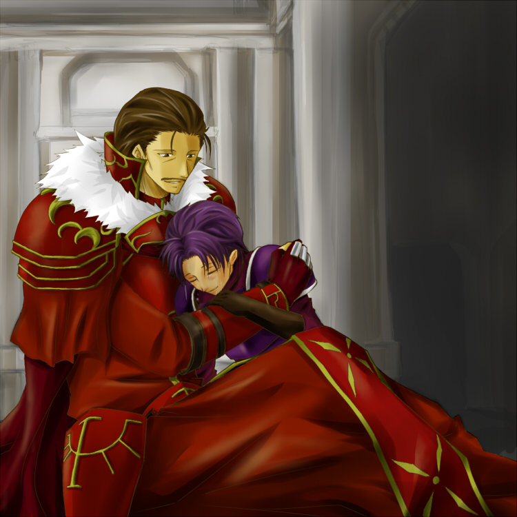 2boys, ahoge, armor, brown_eyes, brown_hair, closed_eyes, commentary_request, facial_hair, fire_emblem, fire_emblem:_mystery_of_the_emblem, fur_trim, gloves, hardin_(dark_emperor)_(fire_emblem), hardin_(fire_emblem), hug, multiple_boys, mustache, on_floor, purple_hair, red_armor, red_gloves, roshea_(fire_emblem), short_hair, sitting, y-f