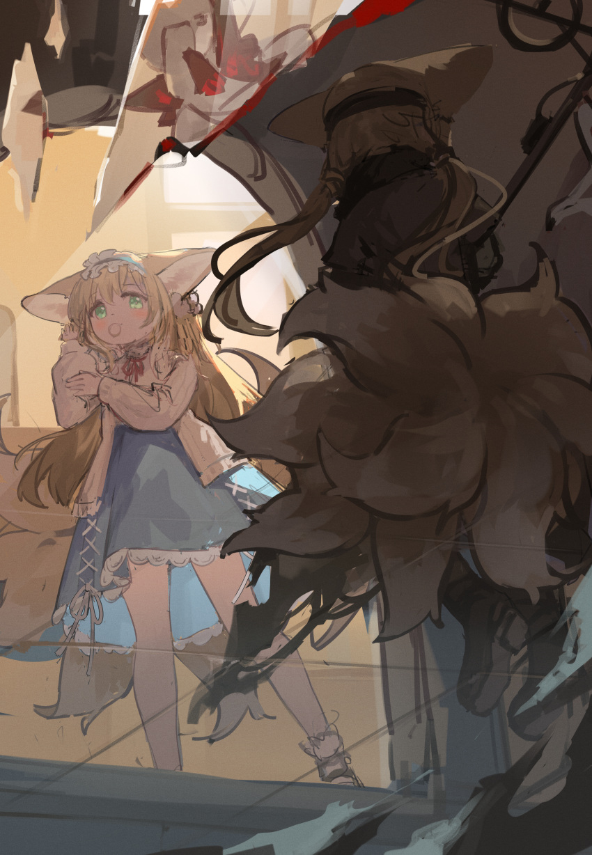 1girl, absurdres, animal_ears, arknights, blonde_hair, blue_hairband, blue_skirt, blush