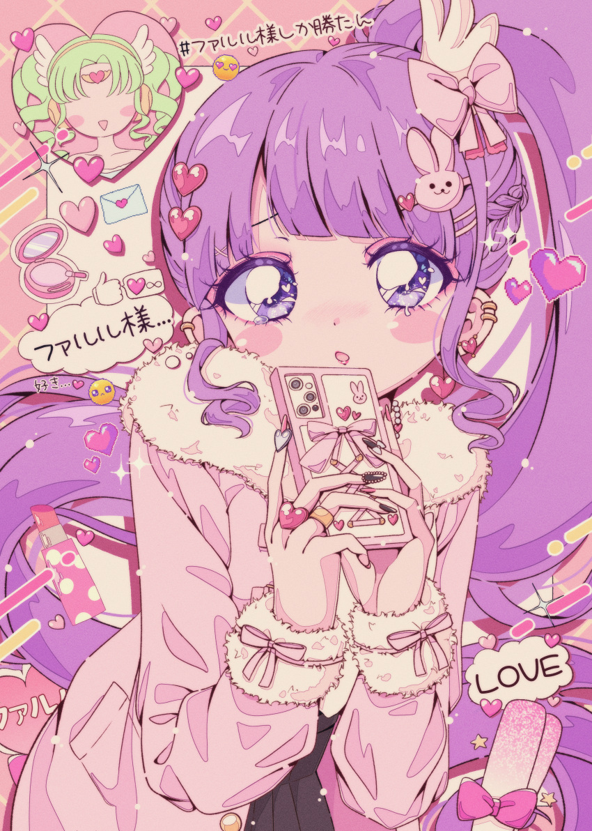 1girl, 2girls, :o, absurdres, black_nails, blunt_bangs, blush, bow