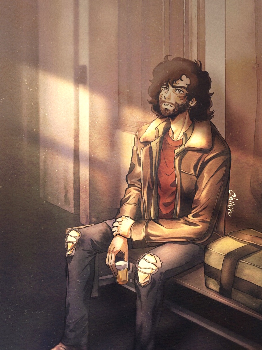 1boy, artist_name, beard, bench, brown_hair, brown_jacket, chihiro_(jnkch6), facial_hair, indoors, jacket, joe_(megalo_box), male_focus, megalo_box, pants, pill_bottle, red_shirt, scar, scar_on_face, shadow, shirt, sitting, solo, torn_clothes, torn_pants