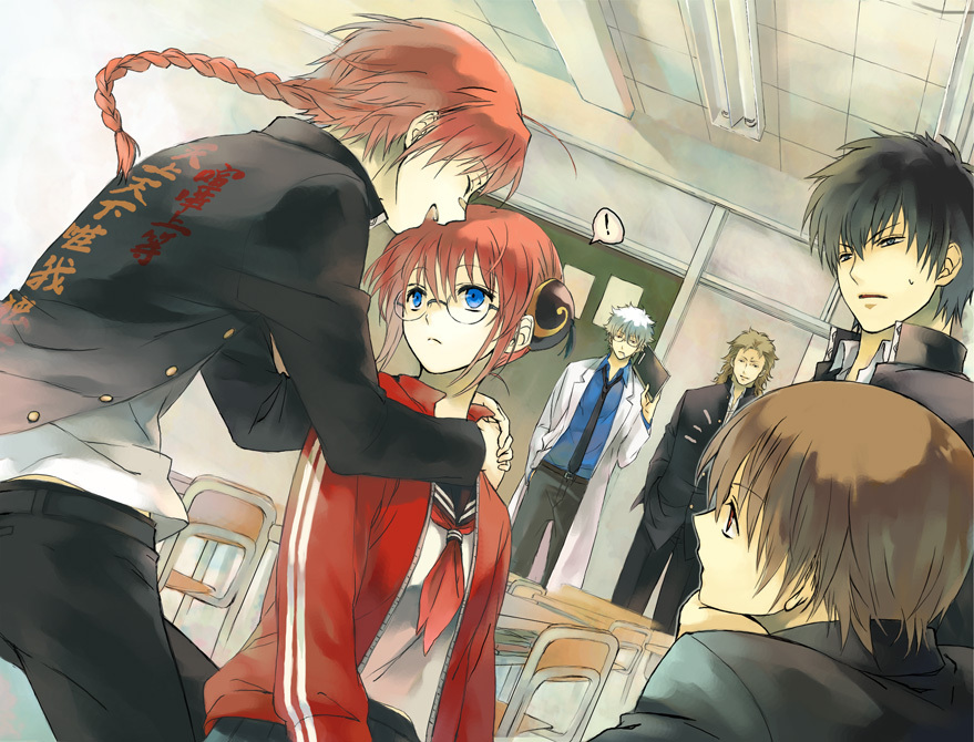 3458, abuto, bad_id, blue_eyes, braid, bun_cover, classroom, gintama, glasses, hair_bun, hijikata_toushirou, kagura_(gintama), kamui, long_hair, mg_(3458), multiple_boys, necktie, okita_sougo, red_eyes, red_hair, redhead, sakata_gintoki, school_uniform, short_hair