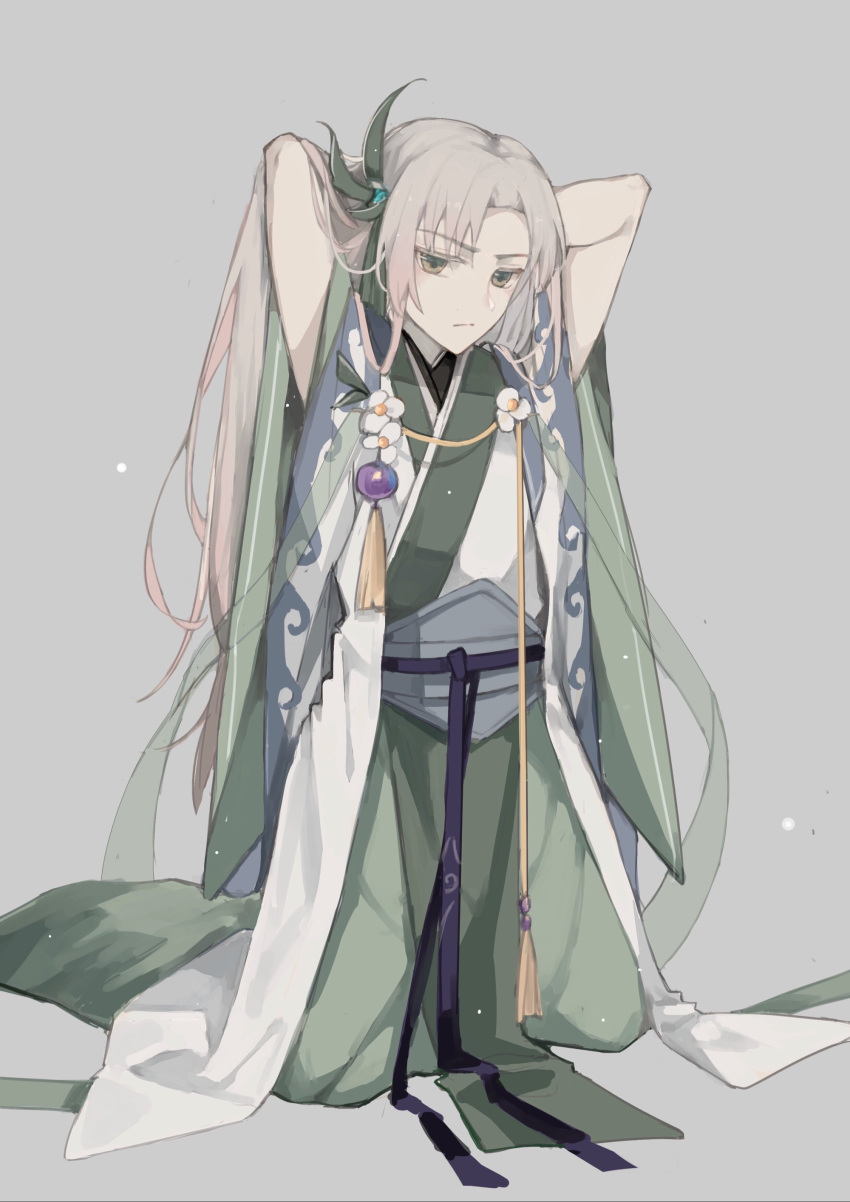 1boy, ;/, absurdres, arms_behind_head, black_sash, chinese_clothes, closed_mouth, coat